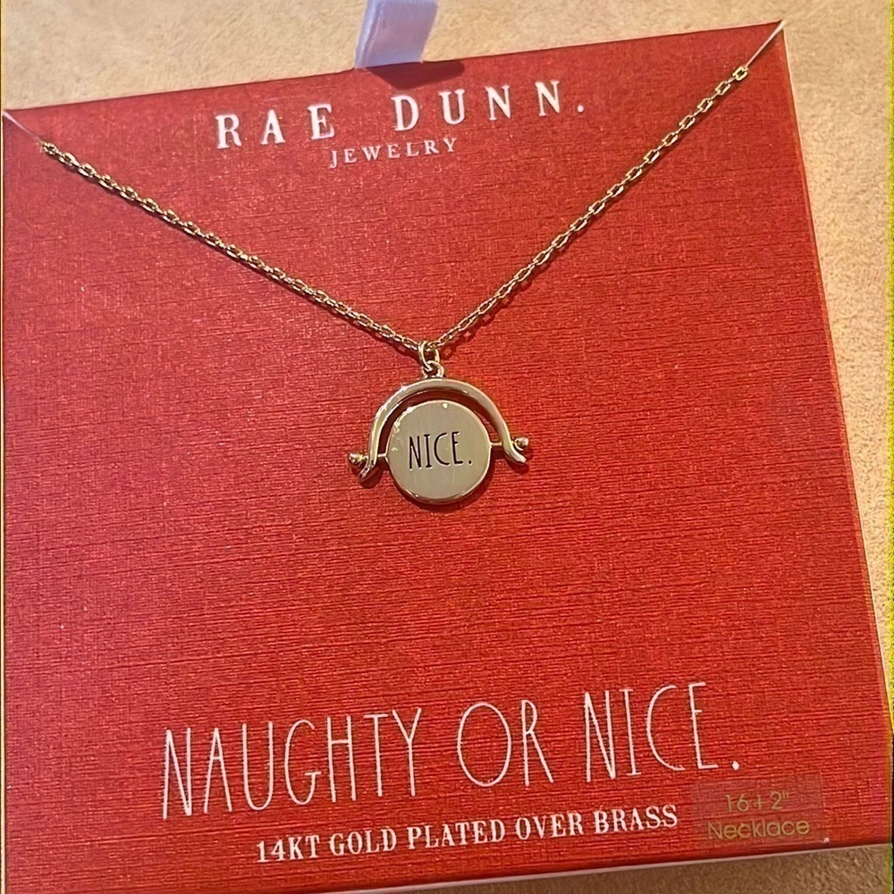 Brand New Rae Dunn Christmas Naughty or Nice Spinner 14K Gold Plated Necklace